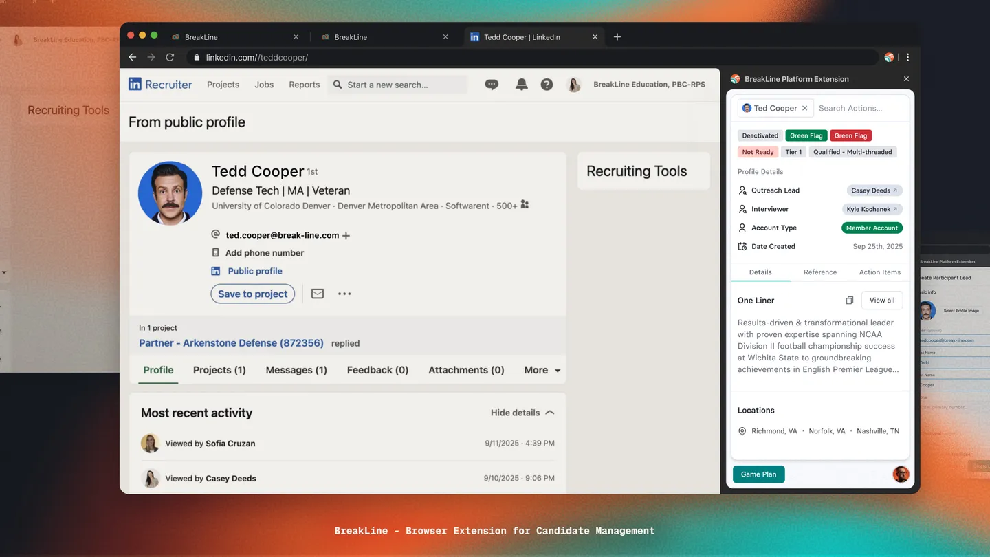 Chrome sidebar extension surfacing the participant's BreakLine record next to their LinkedIn profile
