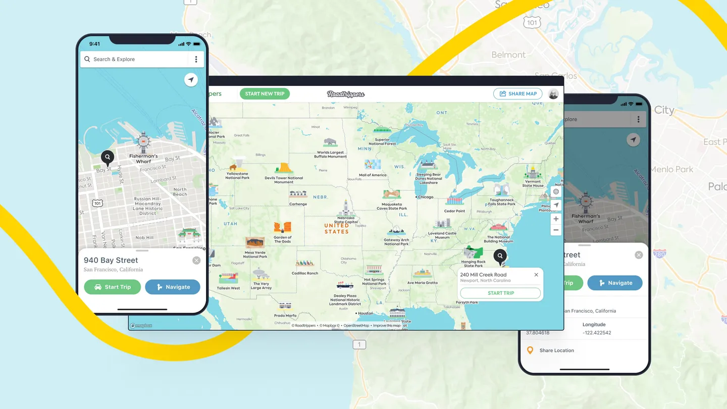 Pin Dropper interface showing custom waypoint placement on a road trip map
