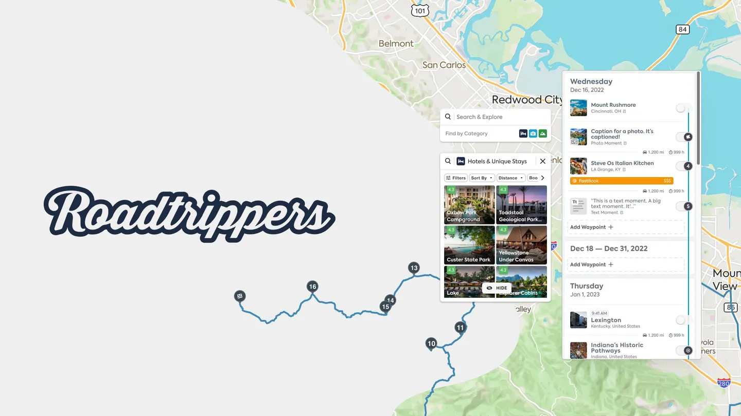 Multi-week cross-country trip planner showing a dense long-haul itinerary