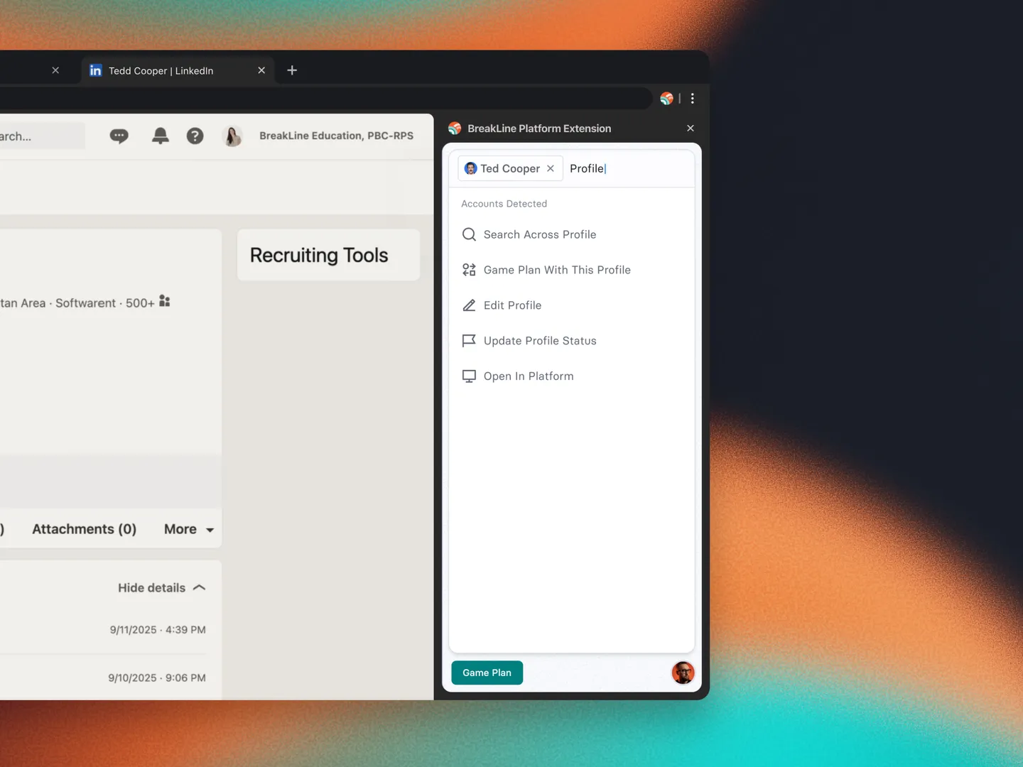 Sidebar extension showing available actions for a selected LinkedIn profile