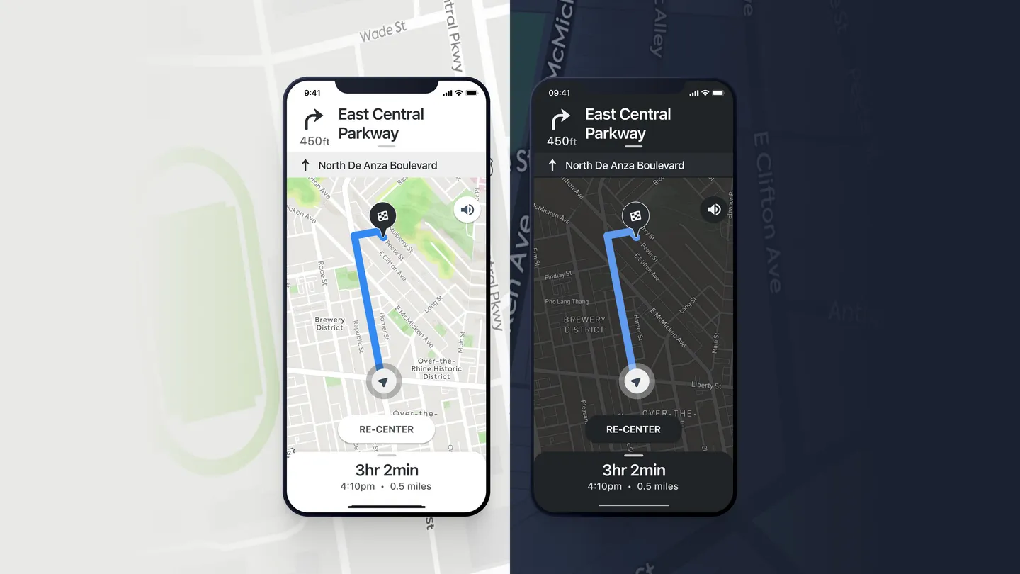 Navigation screens showing planning-to-driving handoff